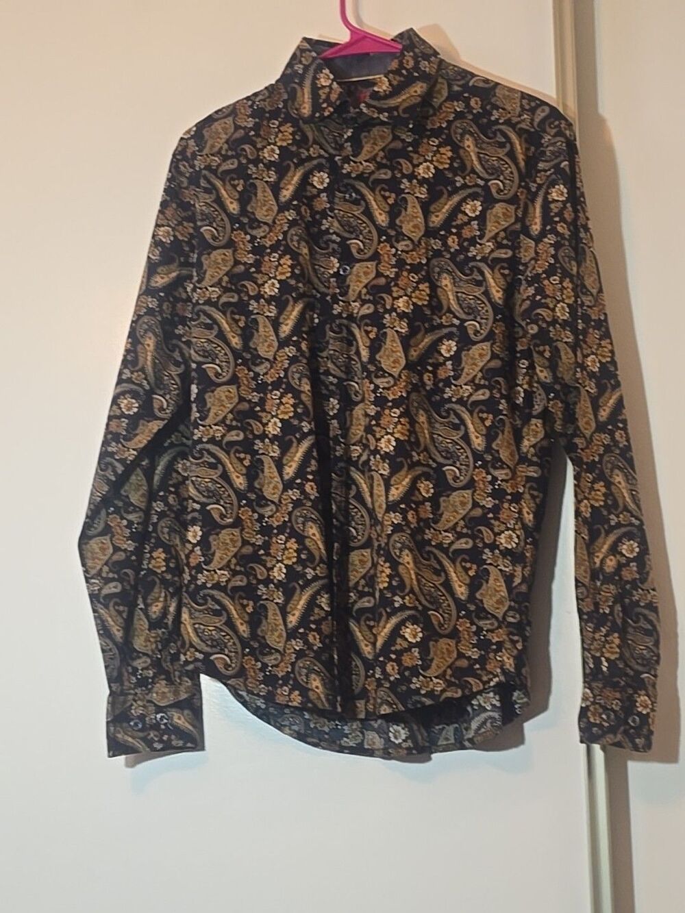 Consequence Button Up Shirt Mens Size S Black Paisley Floral Long Sleeve Stretch